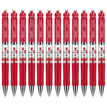 得力S01中性笔0.5mm弹簧头(红)(12支/盒) 0.5mm经典办公按动中性笔水笔 子弹头签字笔